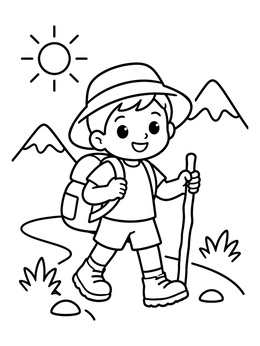 Free printable Happy Boy Hiking In The Mountains coloring page