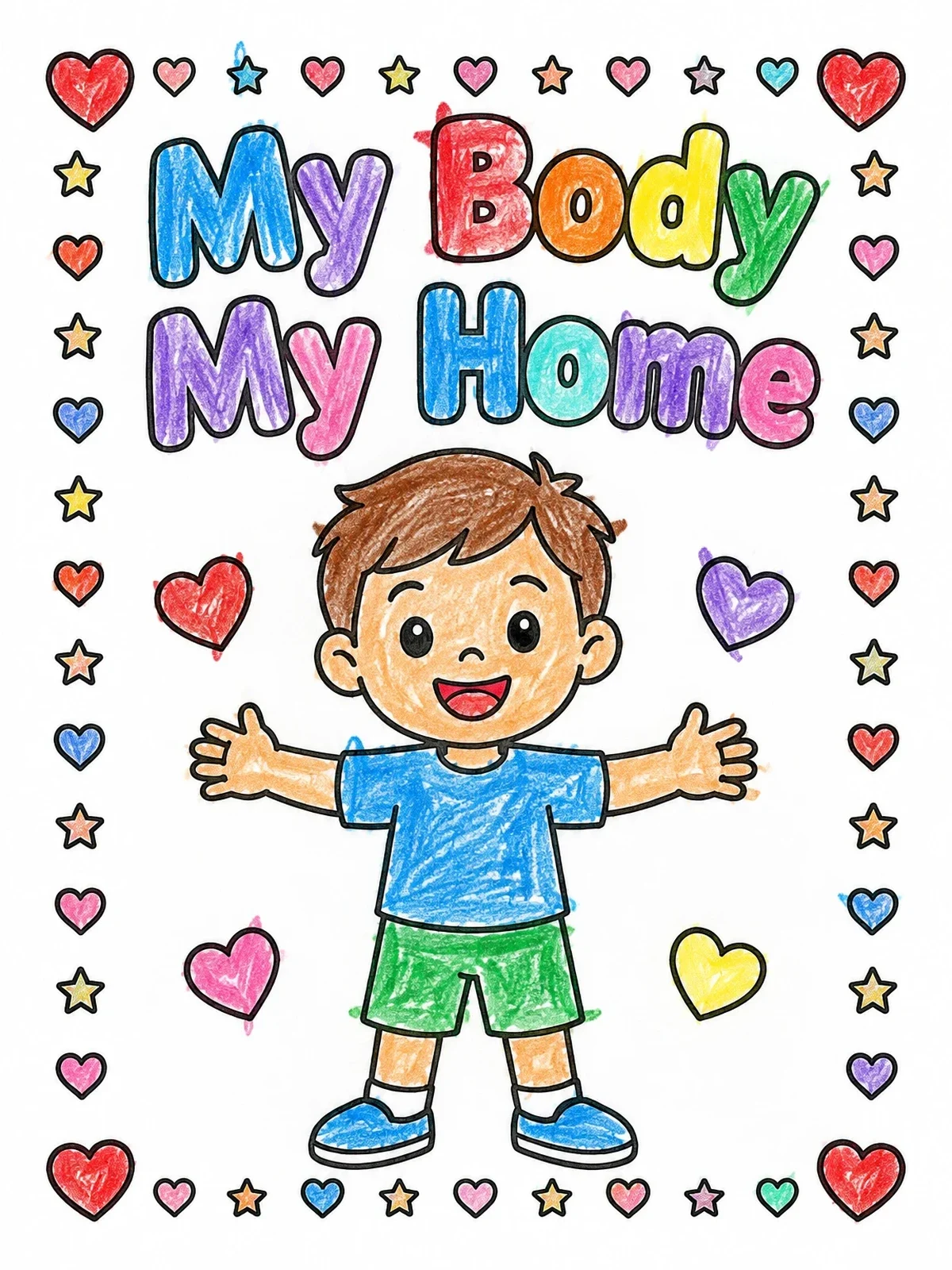 Colored example of the Happy Boy My Body My Home coloring page
