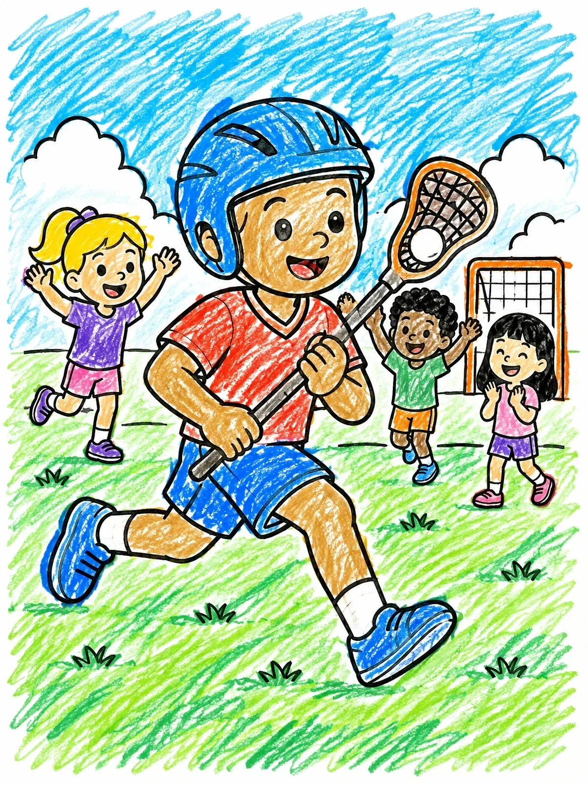 Colored example of the Happy Boy Playing Lacrosse Outdoors coloring page