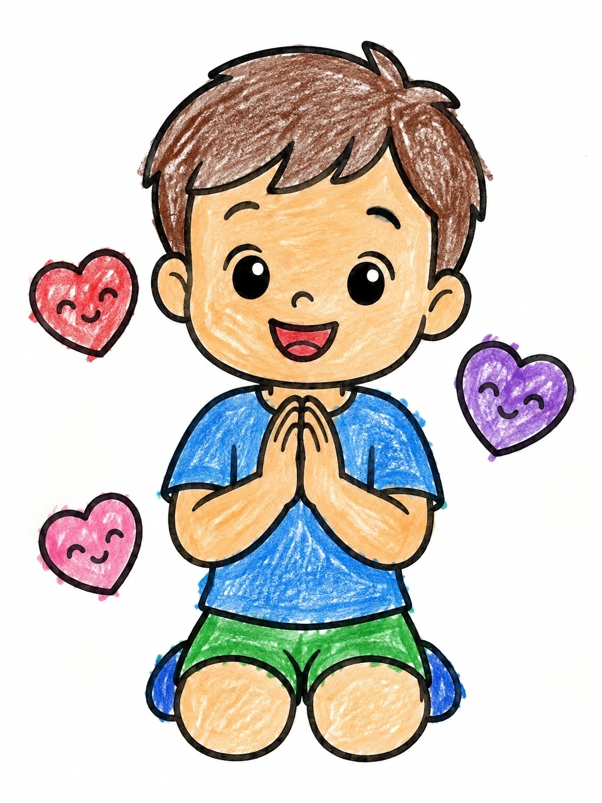 Colored example of the Happy Boy With Praying Hands coloring page