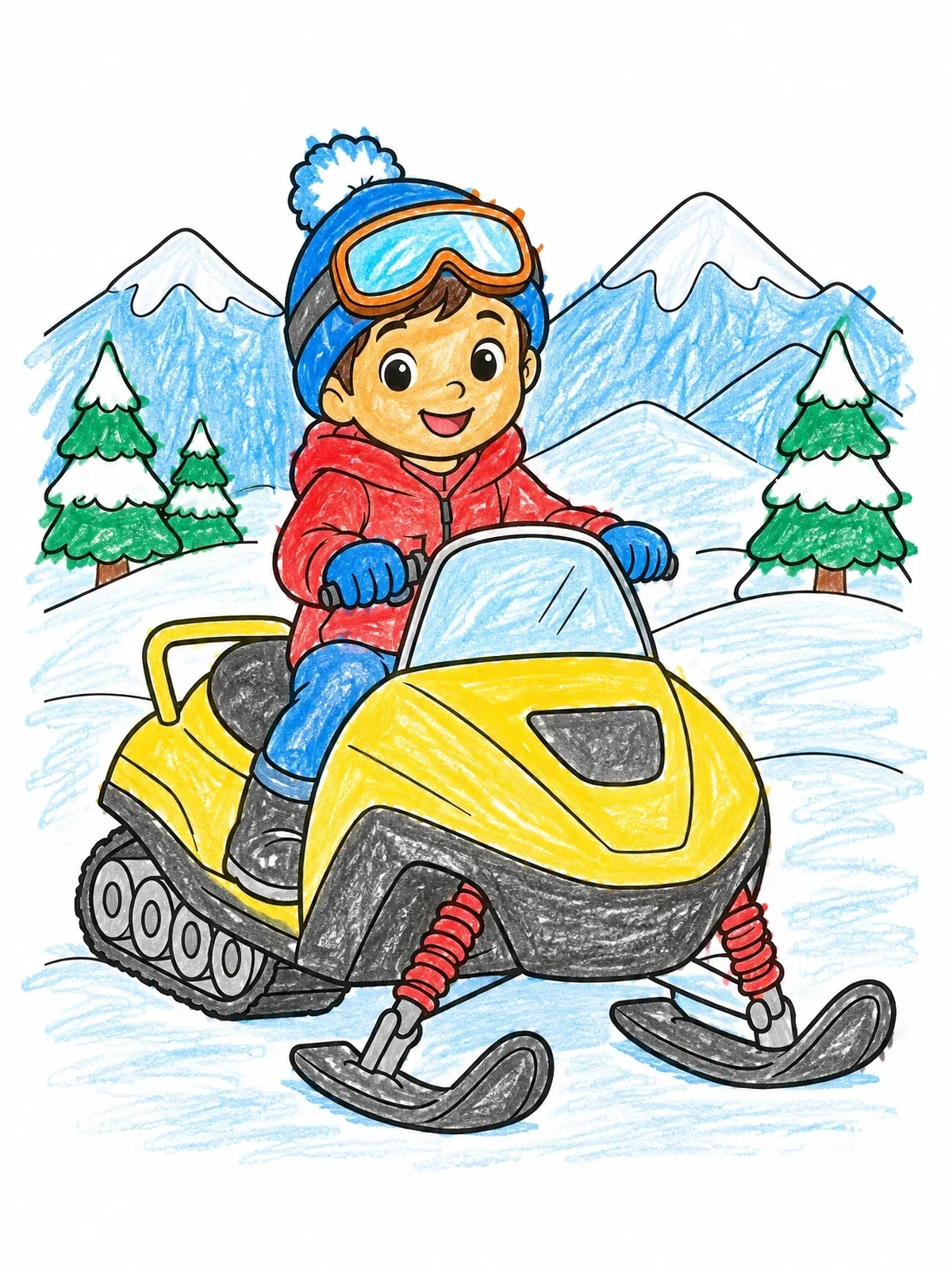 Colored example of the Happy Boy Riding A Snowmobile coloring page