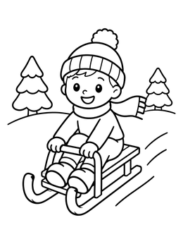 Free printable Happy Boy Sledding Downhill coloring page