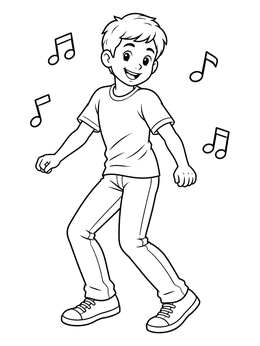 A cheerful boy happily moving to music in this fun dance coloring page.