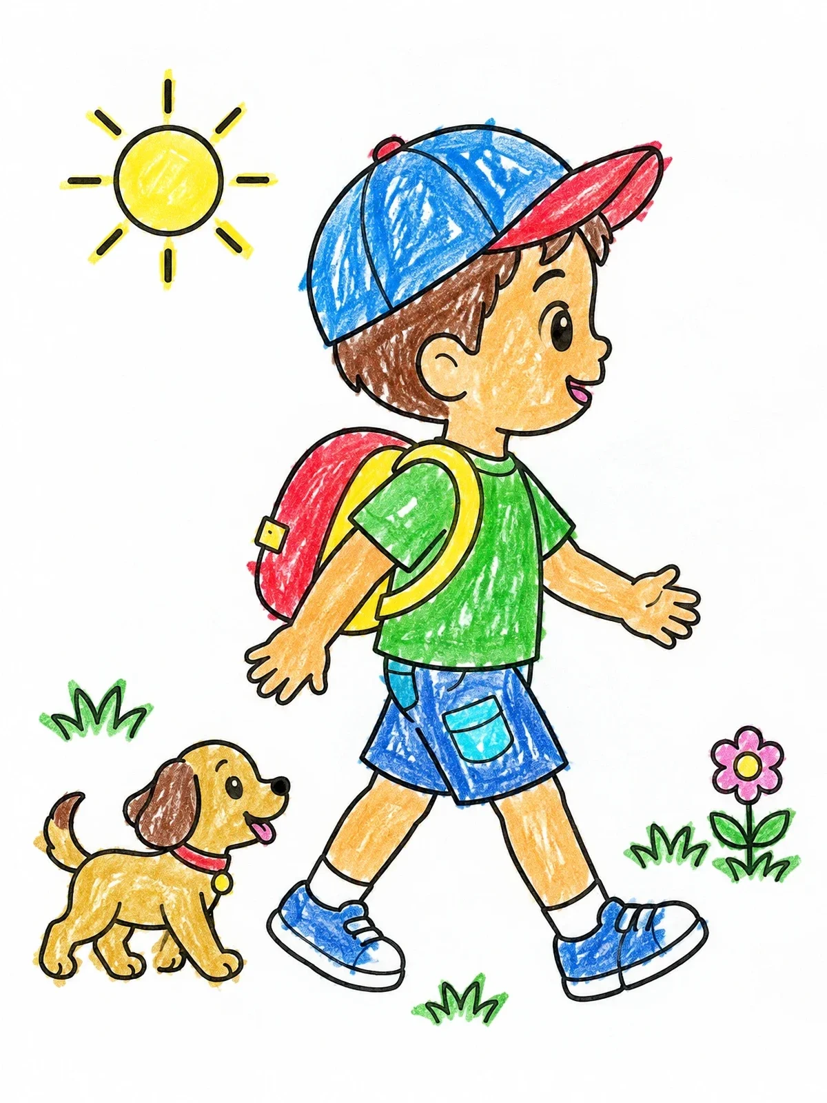 Colored example of the Happy Boy Walking With Puppy coloring page