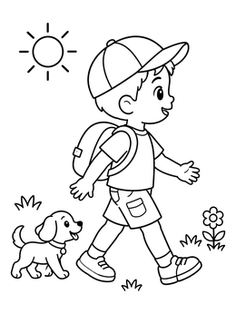 Free printable Happy Boy Walking With Puppy coloring page