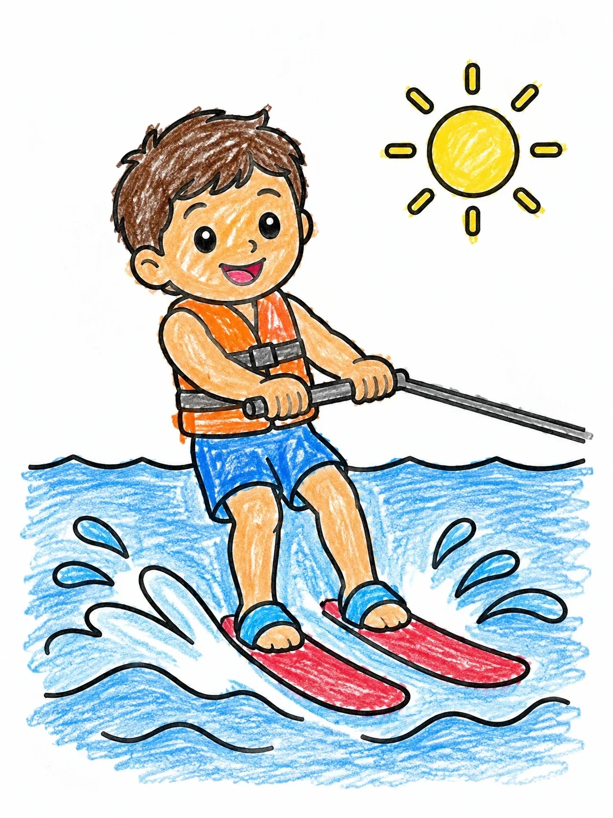 Colored example of the Happy Boy Water Skiing Under The Sun coloring page