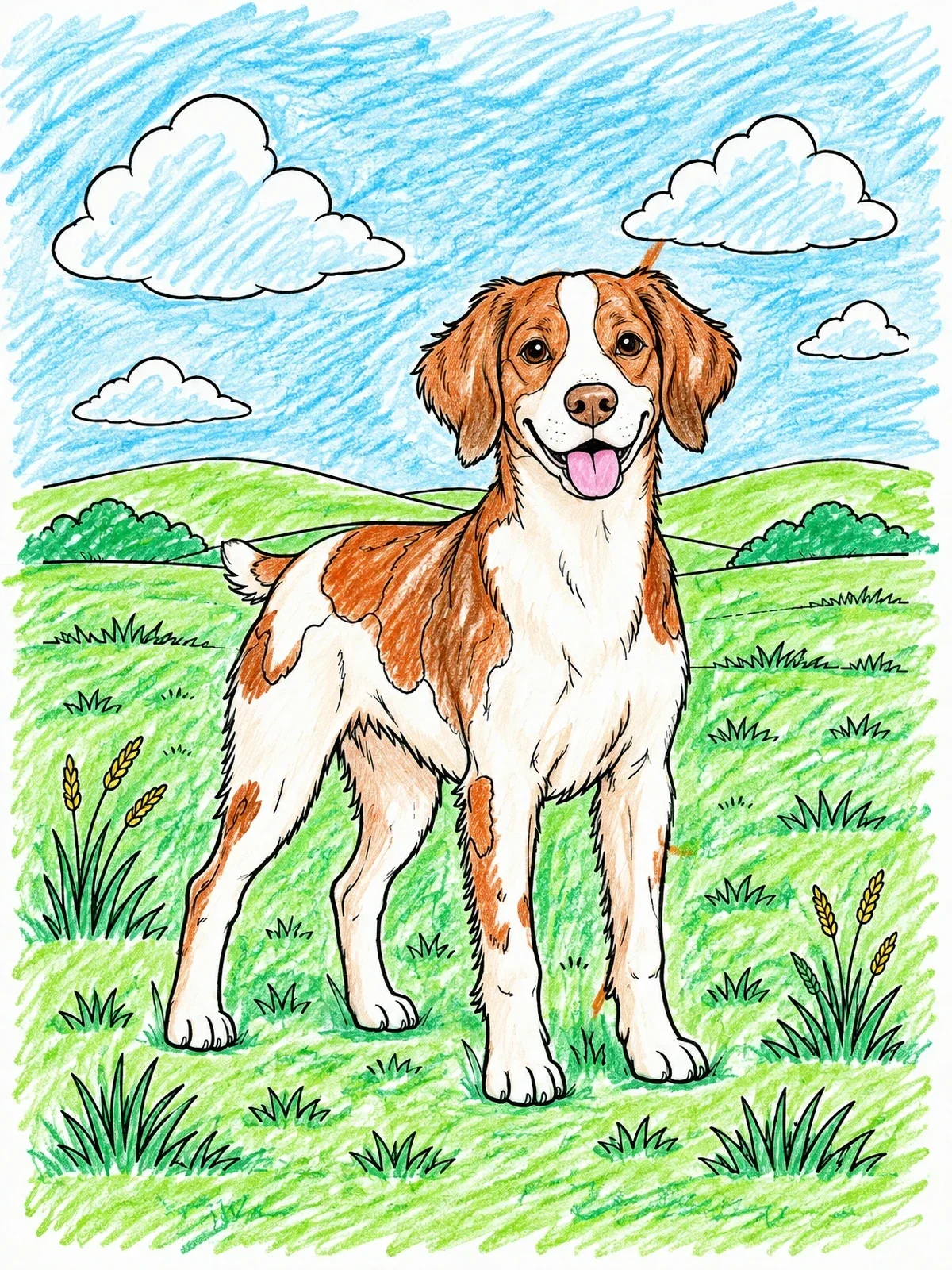 Colored example of the Happy Brittany Dog In Grassy Field coloring page