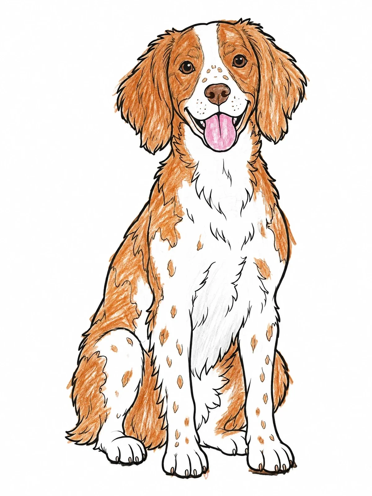 Colored example of the Happy Brittany Spaniel Sitting Down coloring page