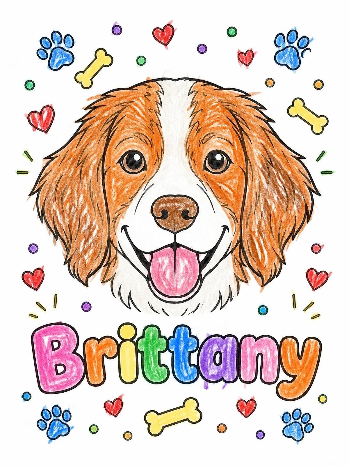 Colored example of the Happy Brittany Spaniel With Name coloring page