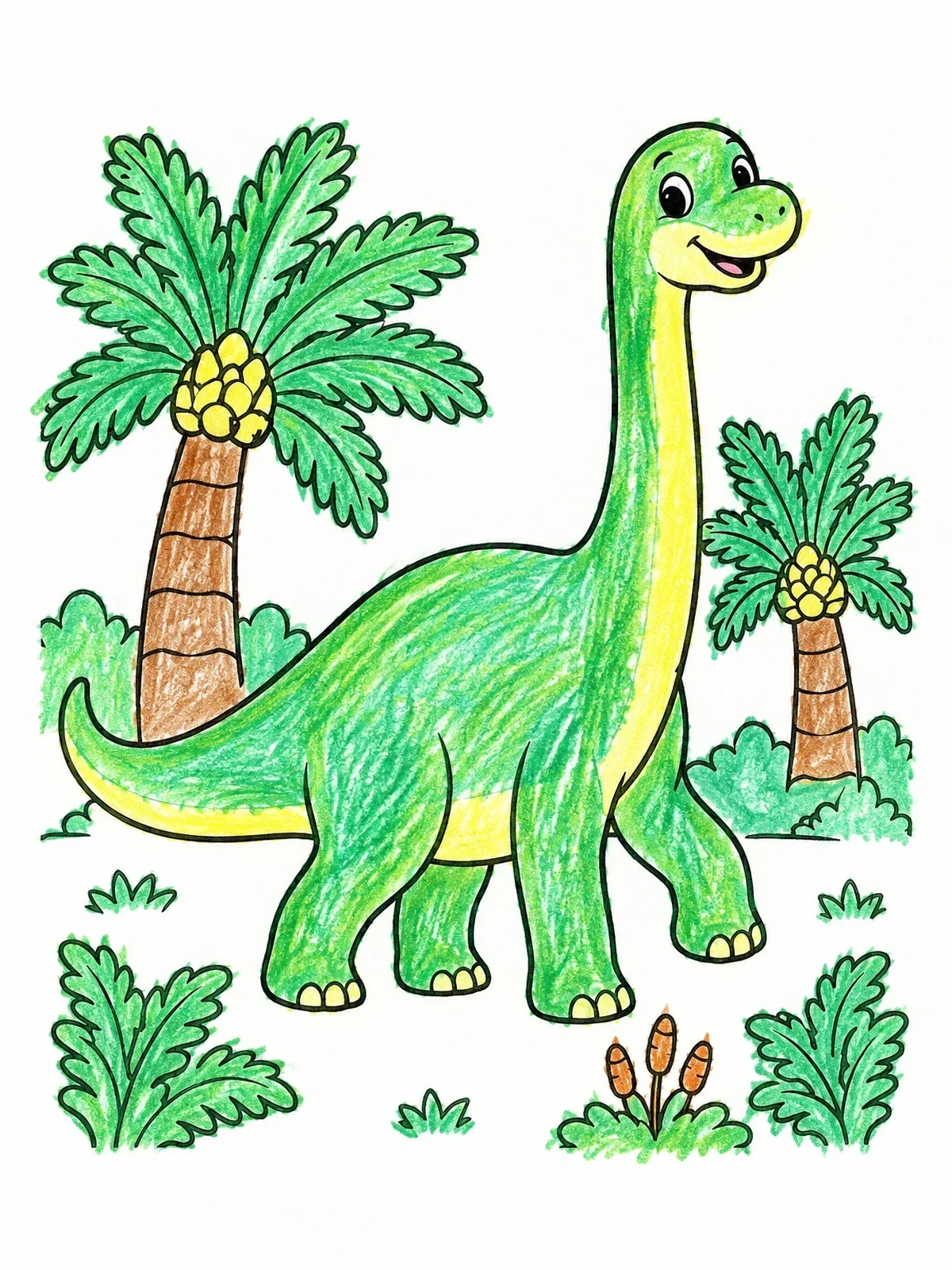 Colored example of the Happy Brontosaurus In Prehistoric Jungle coloring page