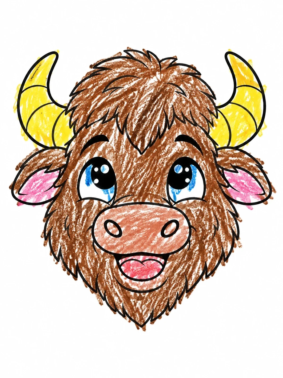 Colored example of the Happy Buffalo Face Looking Up coloring page