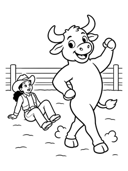 A cheerful cartoon bull coloring page with a surprised rodeo rider on the ground.