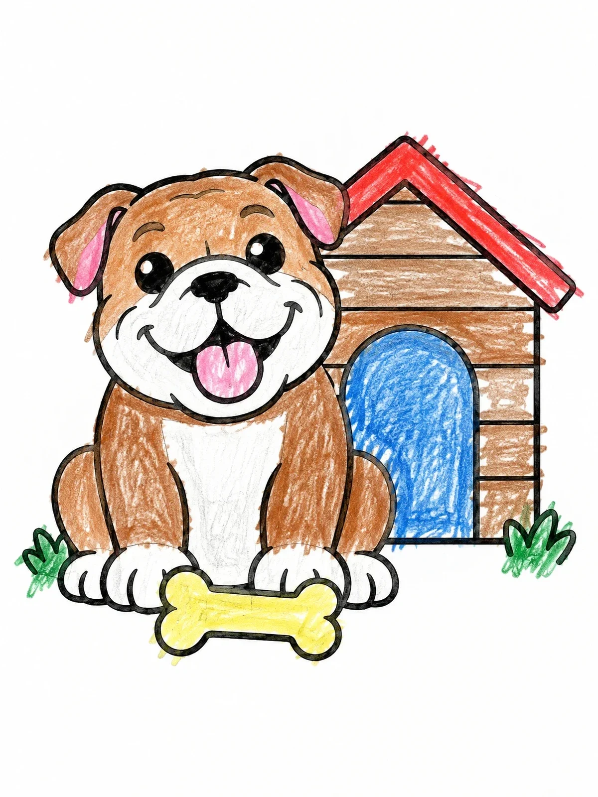 Colored example of the Happy Bulldog With Doghouse And Bone coloring page