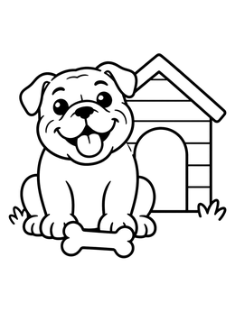 A cheerful puppy sits outside in this dog bone coloring page with a wooden doghouse.