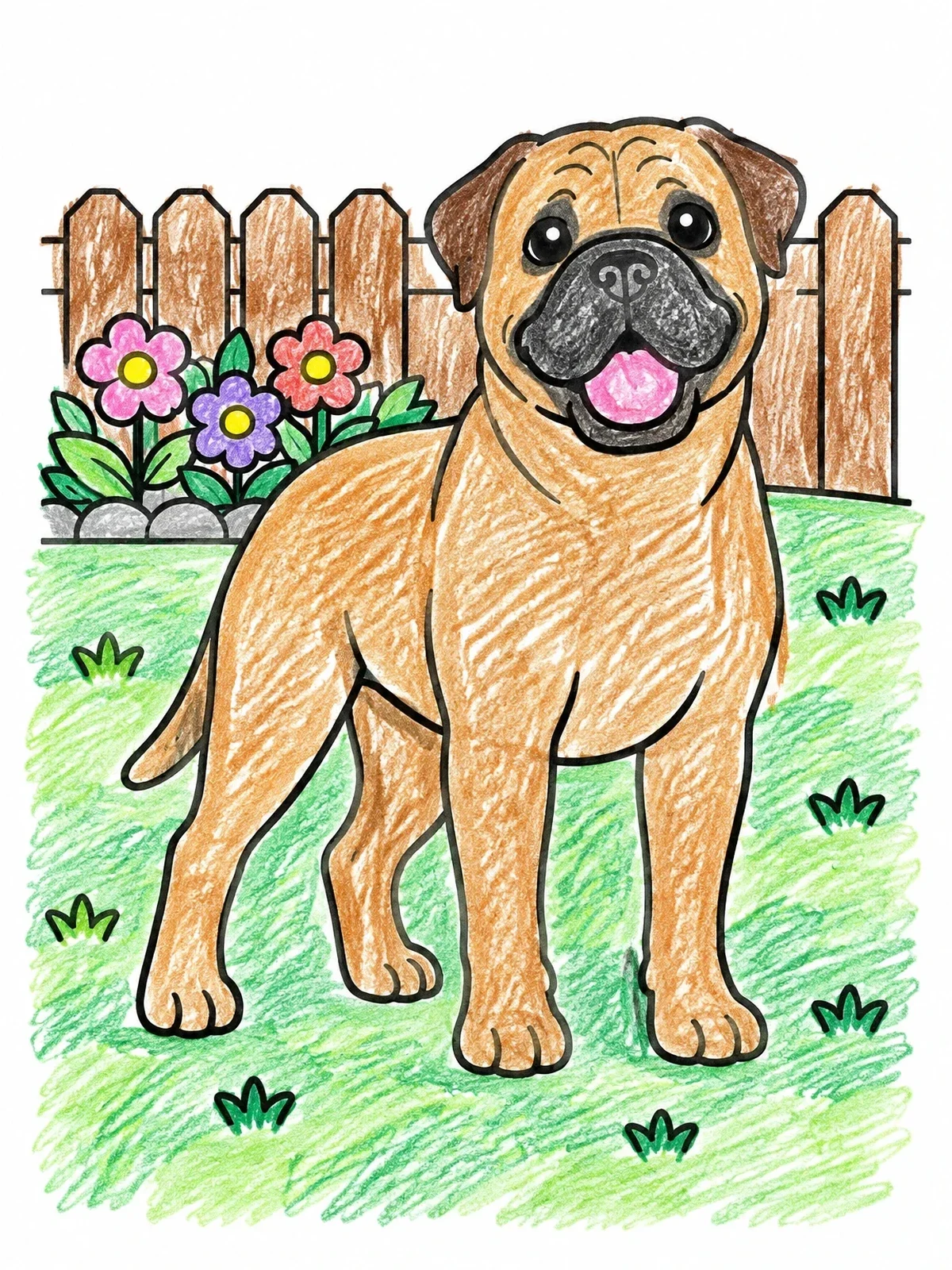Colored example of the Happy Bullmastiff In The Backyard coloring page