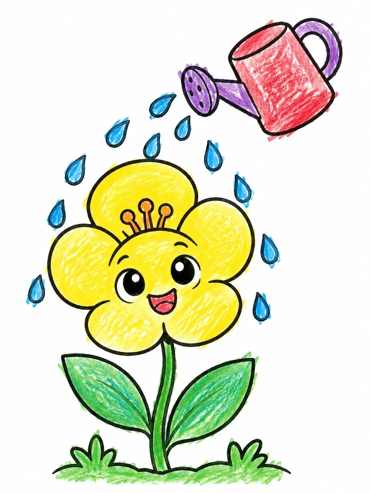 Colored example of the Happy Buttercup Under A Watering Can coloring page