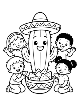 Happy children surround a smiling sombrero-wearing cactus coloring page with tortilla chips.