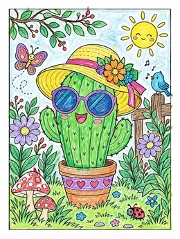 Happy Cactus With Sunhat And Sunglasses Coloring Page