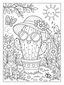 Free printable Happy Cactus With Sunhat And Sunglasses coloring page