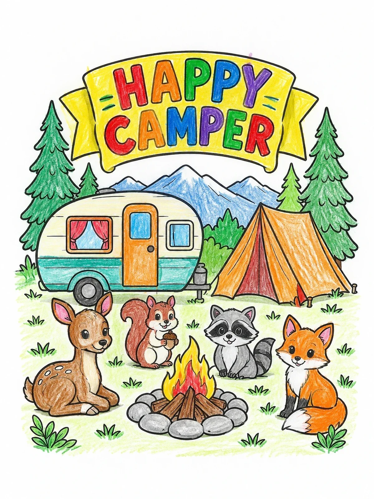 Colored example of the Happy Camper Animals By Fire coloring page