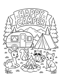Free printable Happy Camper Animals By Fire coloring page