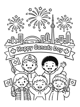 Free printable Happy Canada Day City Celebration coloring page