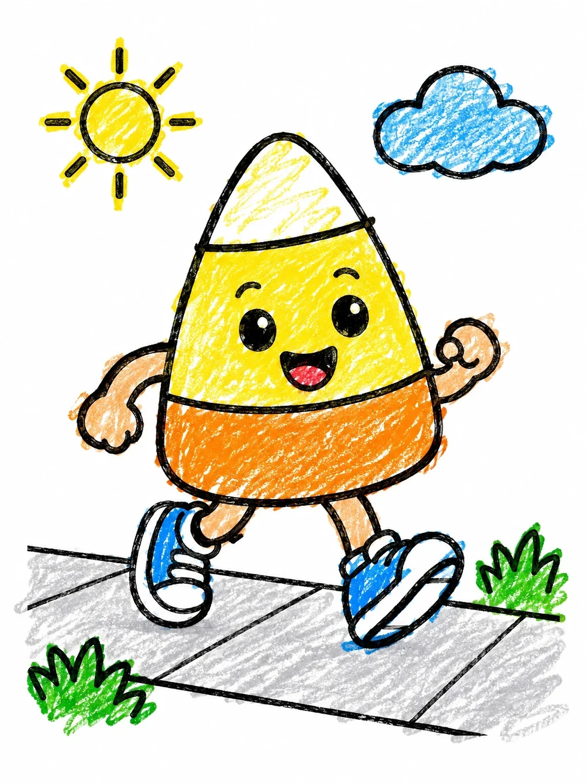 Colored example of the Happy Candy Corn Running Outside coloring page