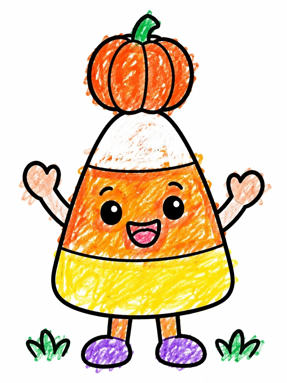 Colored example of the Happy Candy Corn With Pumpkin coloring page