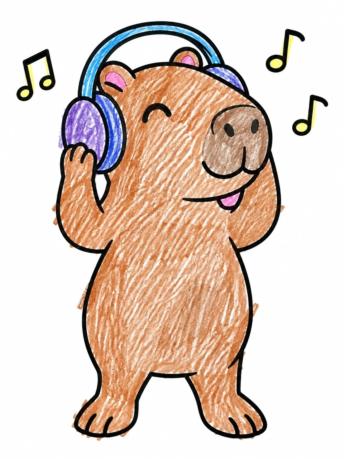 Colored example of the Happy Capybara Listening To Music coloring page