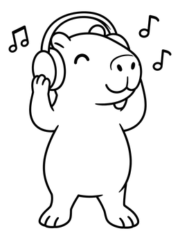 A cheerful capybara coloring page showing a dancing animal with headphones on.