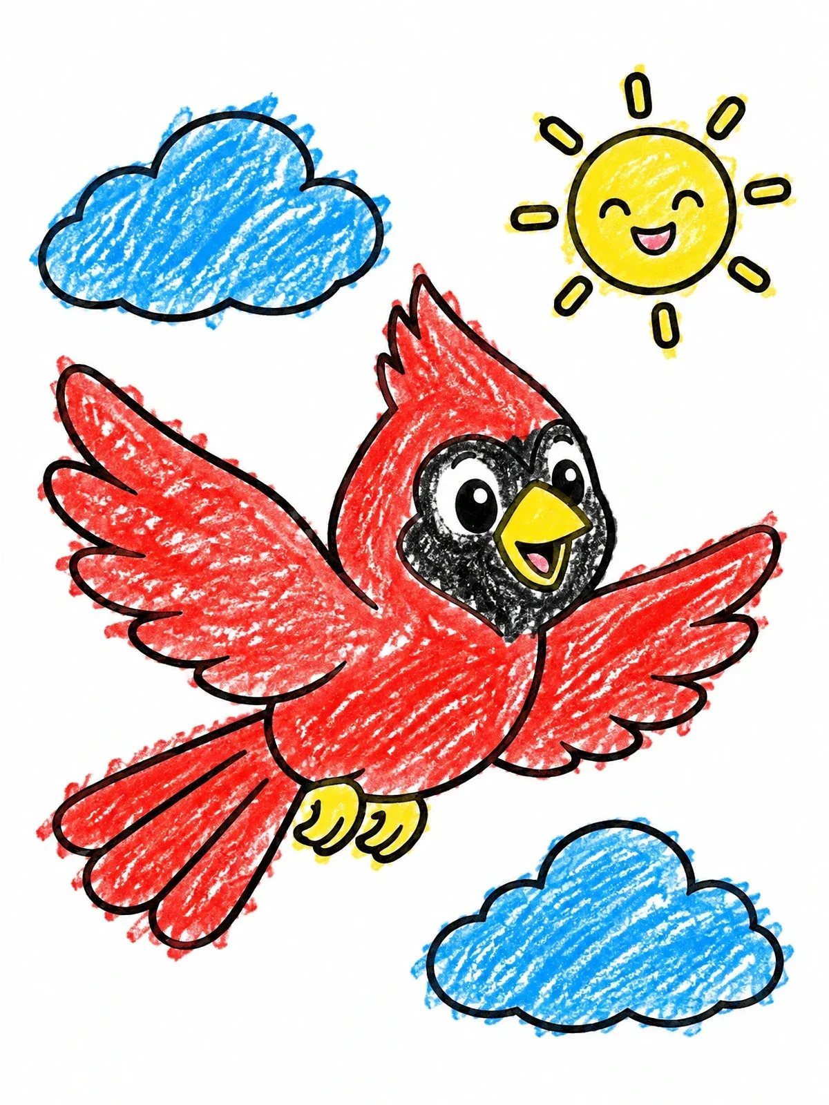 Colored example of the Happy Cardinal Soaring In The Sky coloring page