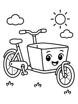 A smiling cargo bike coloring page outdoors under a bright sun and clouds.