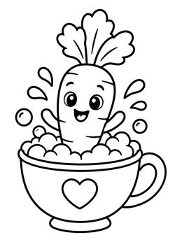 A cheerful cartoon carrot coloring page splashing happily inside a teacup filled with bubble bath.