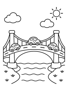 Free printable Happy Cars On A Suspension Bridge coloring page