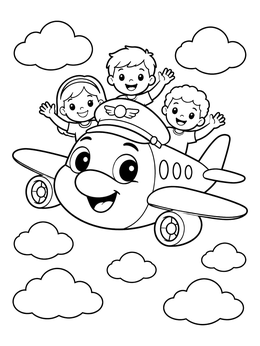 Free printable Happy Cartoon Airplane With Flying Kids coloring page