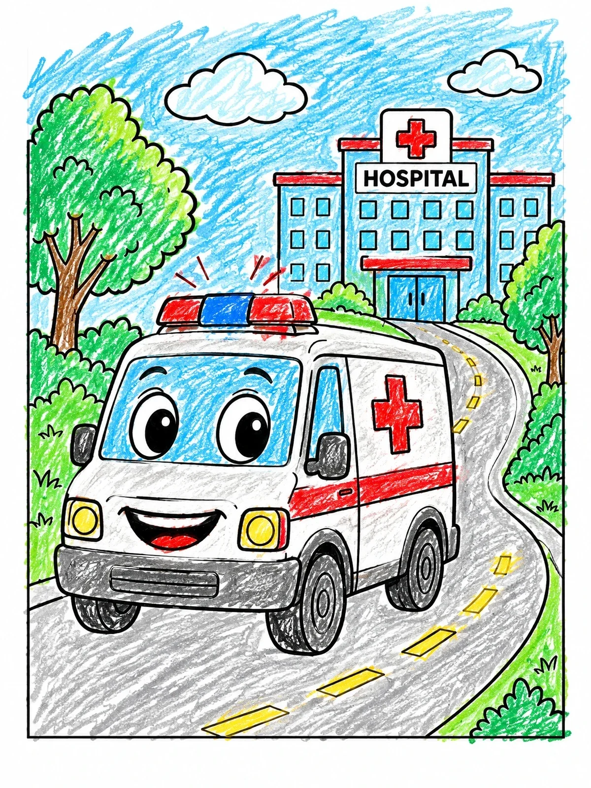Colored example of the Happy Cartoon Ambulance Near Hospital coloring page