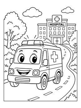 A friendly ambulance coloring page driving along a road toward a hospital building.