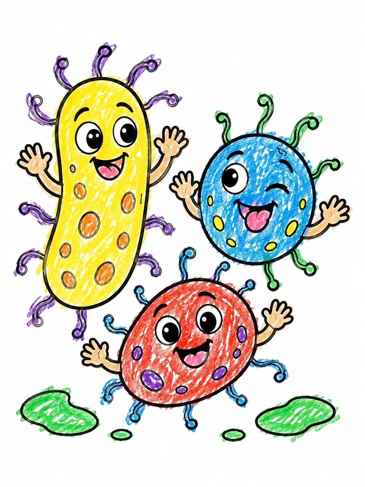 Colored example of the Happy Cartoon Bacteria Friends coloring page