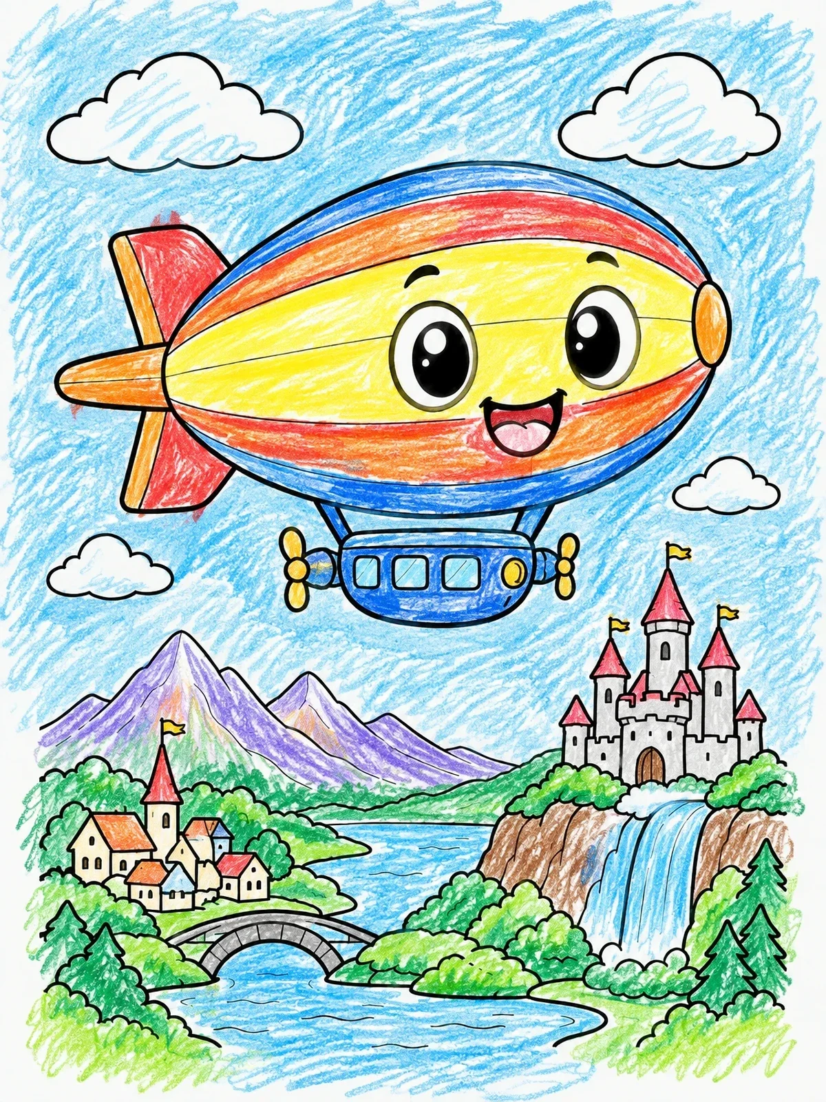Colored example of the Happy Cartoon Blimp Over Fairy Tale Kingdom coloring page