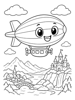 A friendly blimp coloring page showing a cartoon airship flying over a castle, waterfall, and village.