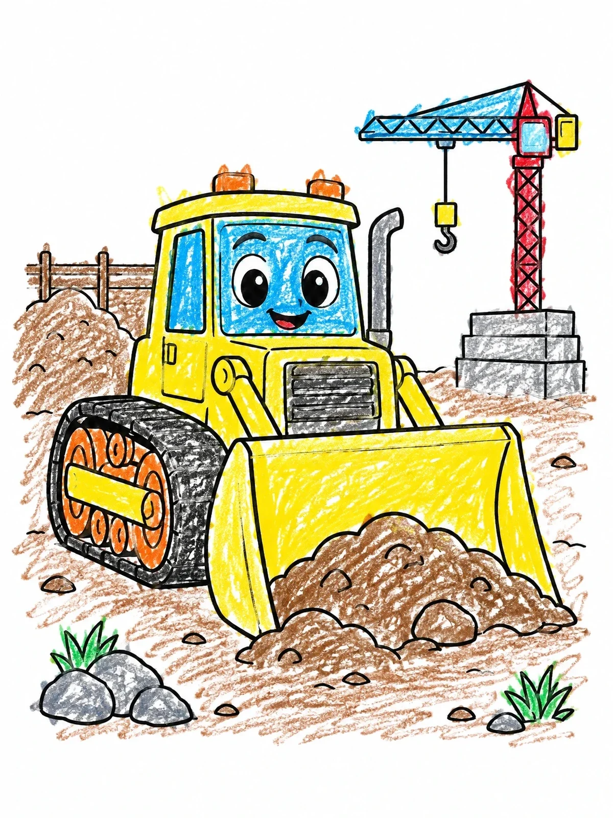 Colored example of the Happy Cartoon Bulldozer At Construction Site coloring page