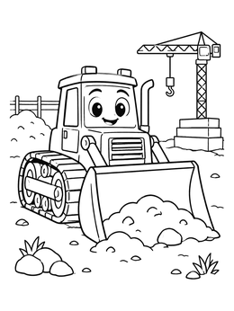 Free printable Happy Cartoon Bulldozer At Construction Site coloring page