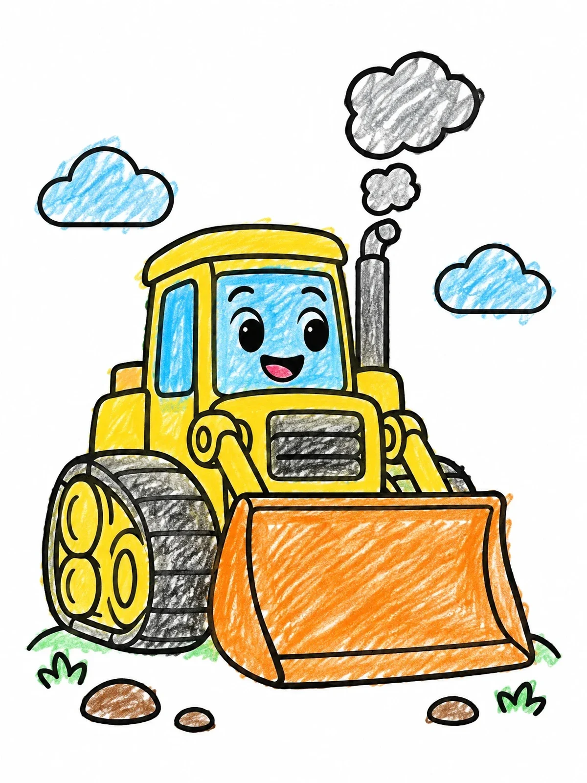 Colored example of the Happy Cartoon Bulldozer Puffs Smoke coloring page