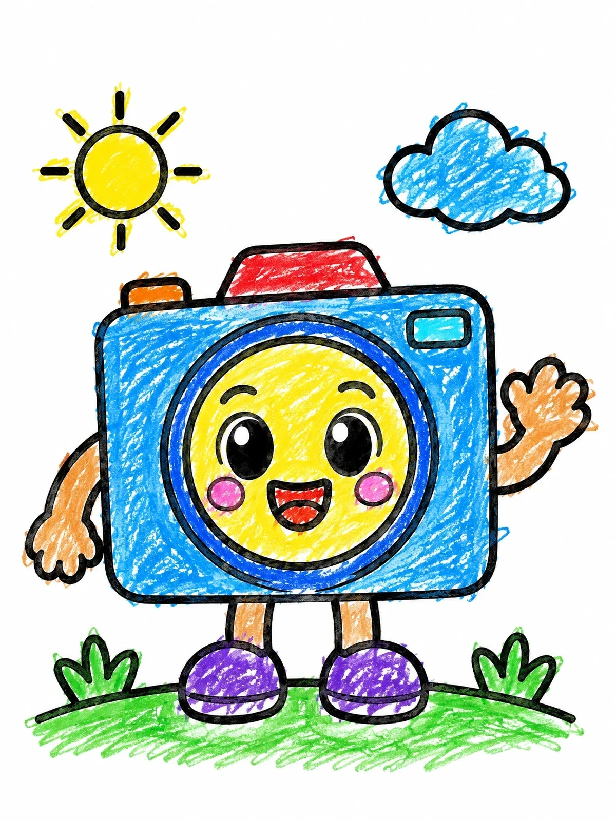 Colored example of the Happy Cartoon Camera Waving Outdoors coloring page