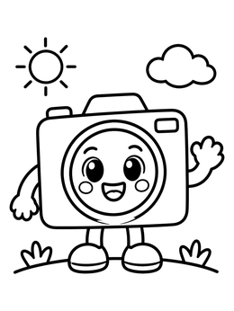 Free printable Happy Cartoon Camera Waving Outdoors coloring page