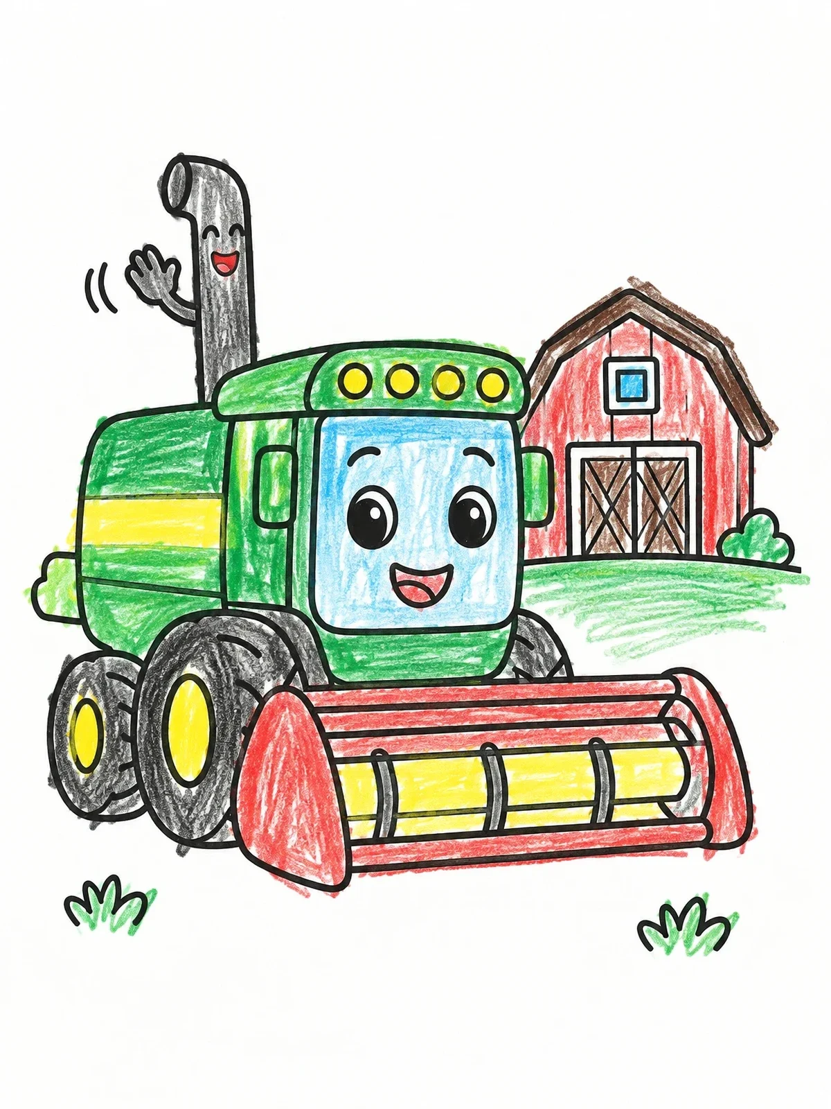 Colored example of the Happy Cartoon Combine Harvester coloring page
