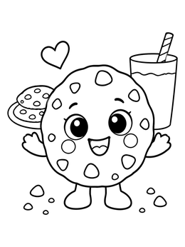 A cheerful cookie coloring page featuring a smiling biscuit character, a glass of milk, and a heart.