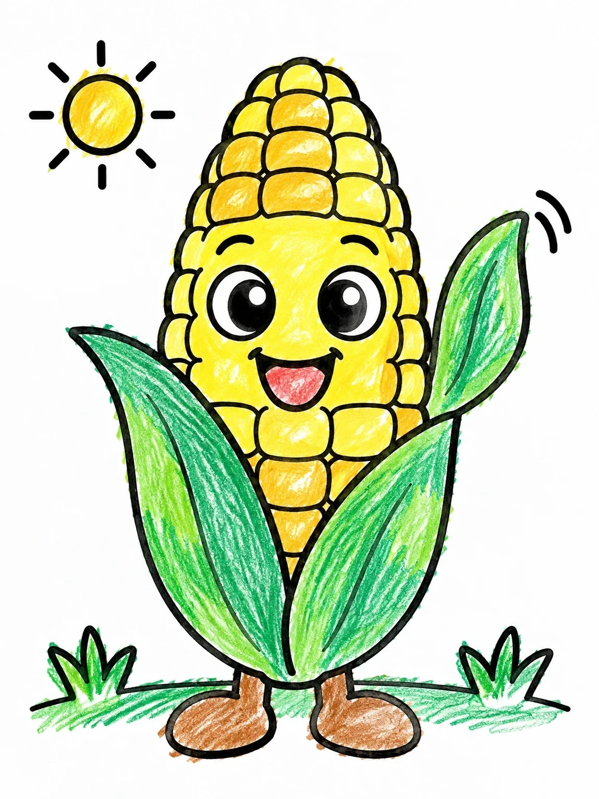 Colored example of the Happy Cartoon Corn On The Cob coloring page
