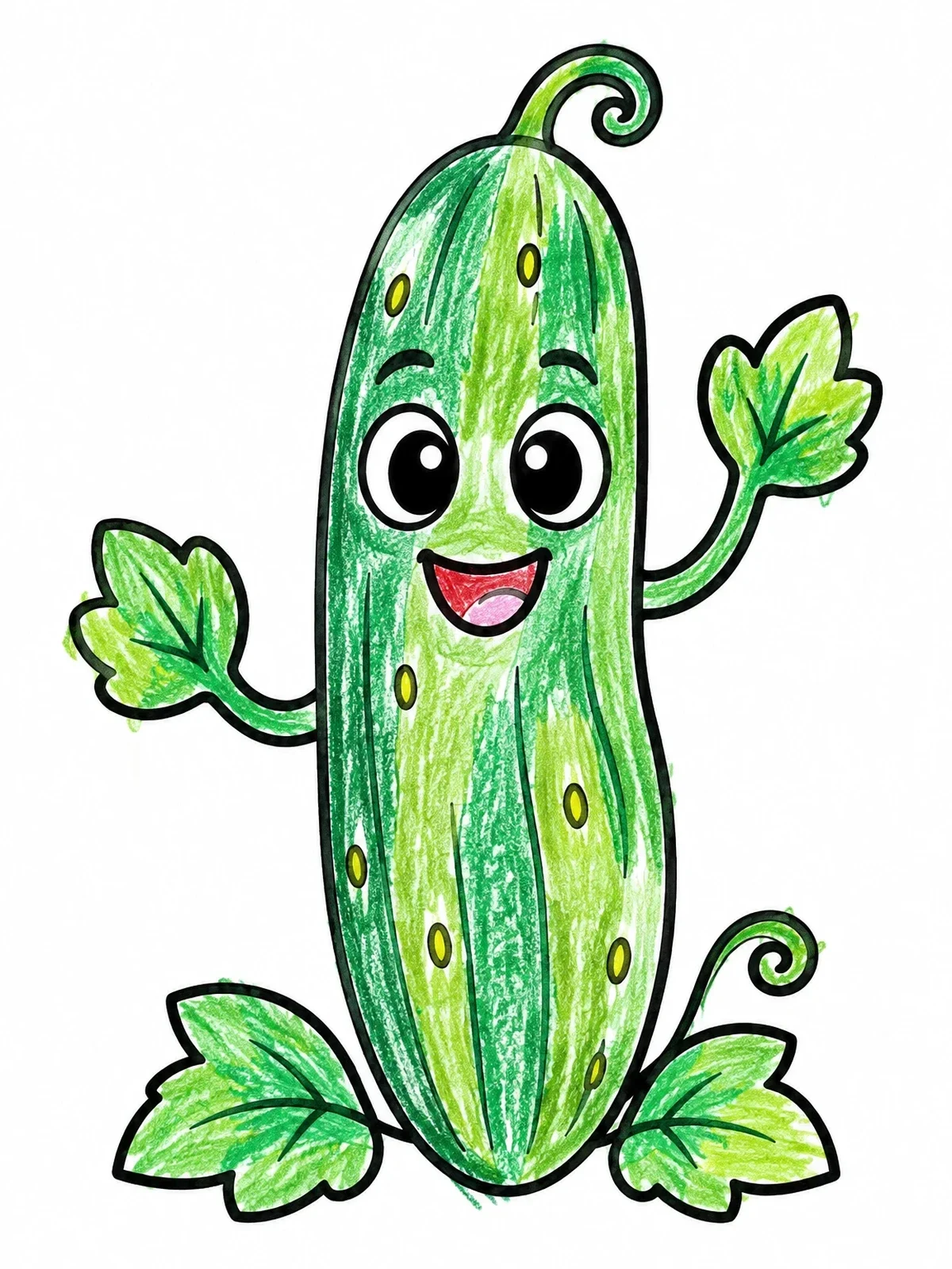 Colored example of the Happy Cartoon Cucumber With Leaf Arms coloring page
