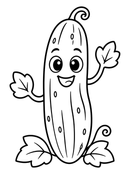 Free printable Happy Cartoon Cucumber With Leaf Arms coloring page